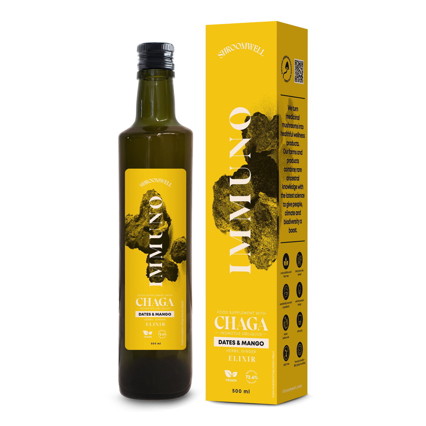 IMMUNO ELIXIR uztura bagātinātājs ar čagu un datelēm, mango, garšaugiem un ingveru, 500 ml